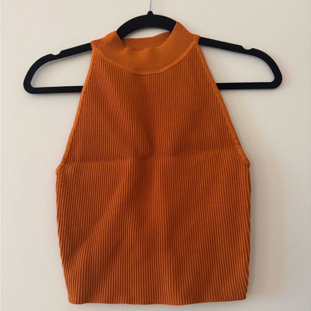 Aritzia Sculpt Knit Mock Neck Halter Top in Butternut Orange - size Small
